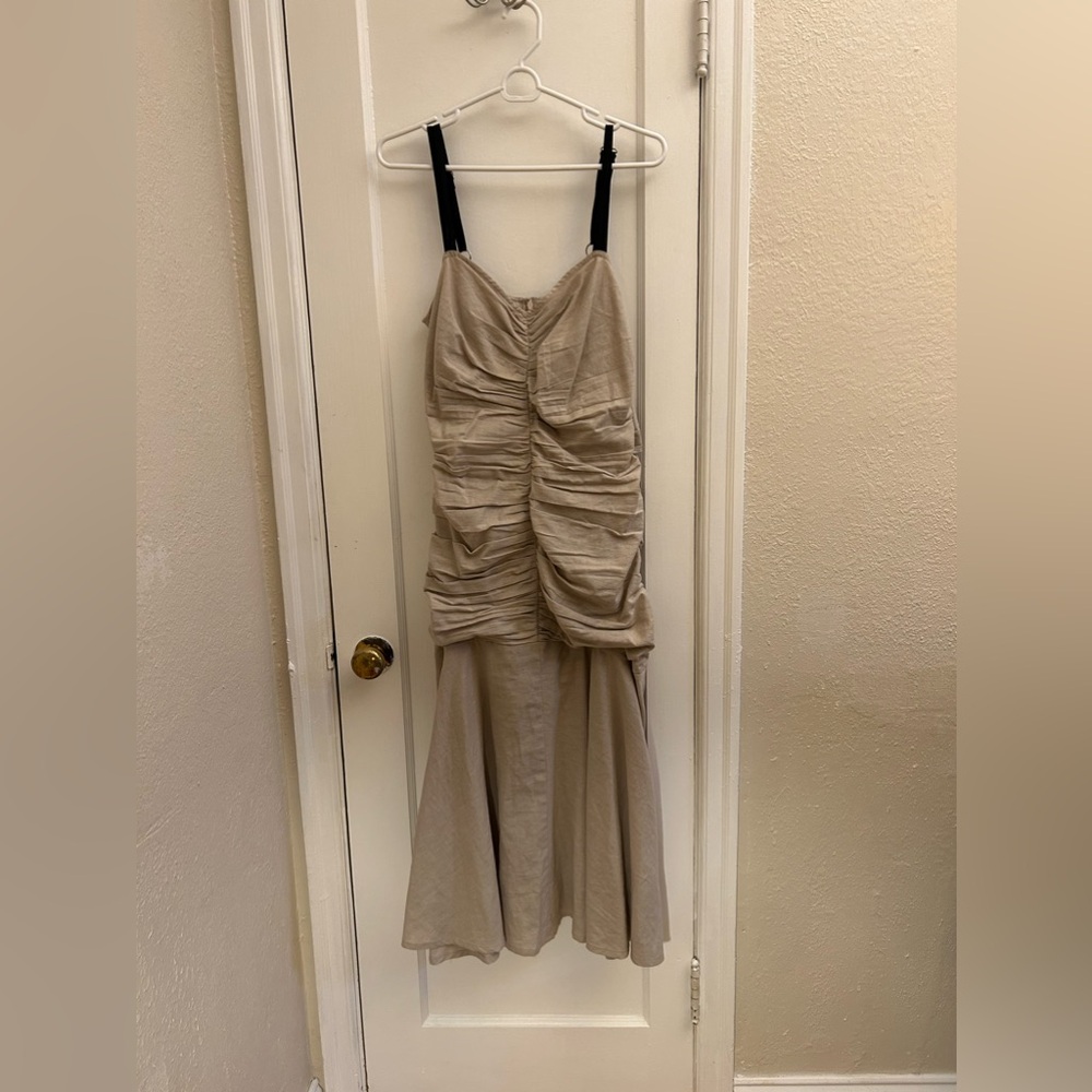 ATSU SIZE 8 BEIGE RUCHED TORSO STRAPPY LINEN MIDI DRESS. Worn once.